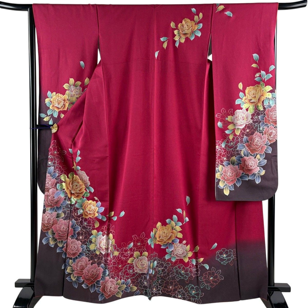 【美品】 振袖 身丈165.5cm 裄丈65.5cm M 袷 薔薇 てんとう虫 金銀彩 金通し 赤紫 正絹 秀品 【中古】