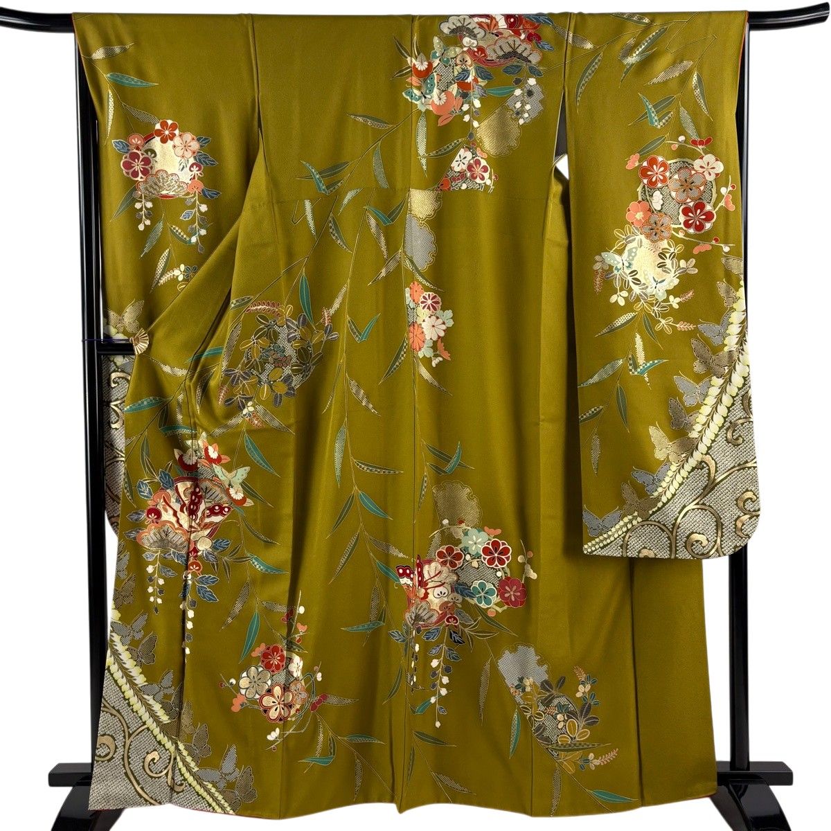 【美品】 振袖 身丈163cm 裄丈66.5cm M 袷 蝶 橘 金糸 金彩 鶯色 正絹 秀品 【中古】
