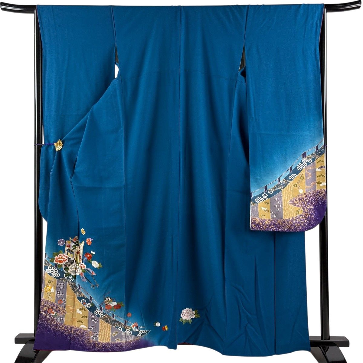振袖 身丈161.5cm 裄丈67cm M 袷 御所車 糸巻 刺繍 金銀彩 藍色 正絹 秀品 【中古】
