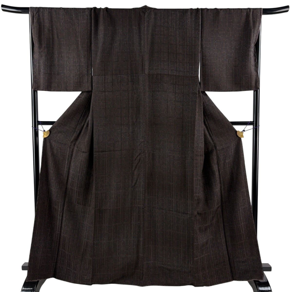 【美品】 小紋 身丈165.5cm 裄丈69cm L 袷 やまと 格子 ぼかし 茶紫 正絹 秀品 【中古】