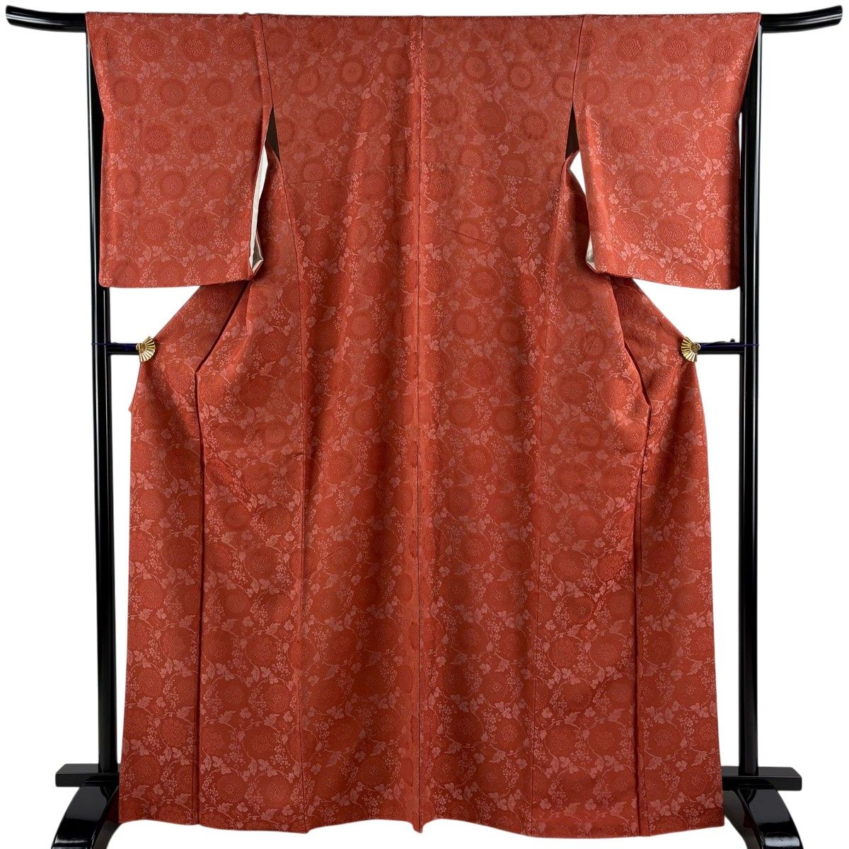 【美品】 小紋 身丈167cm 裄丈67cm M 袷 花唐草 朱色 正絹 秀品 【中古】