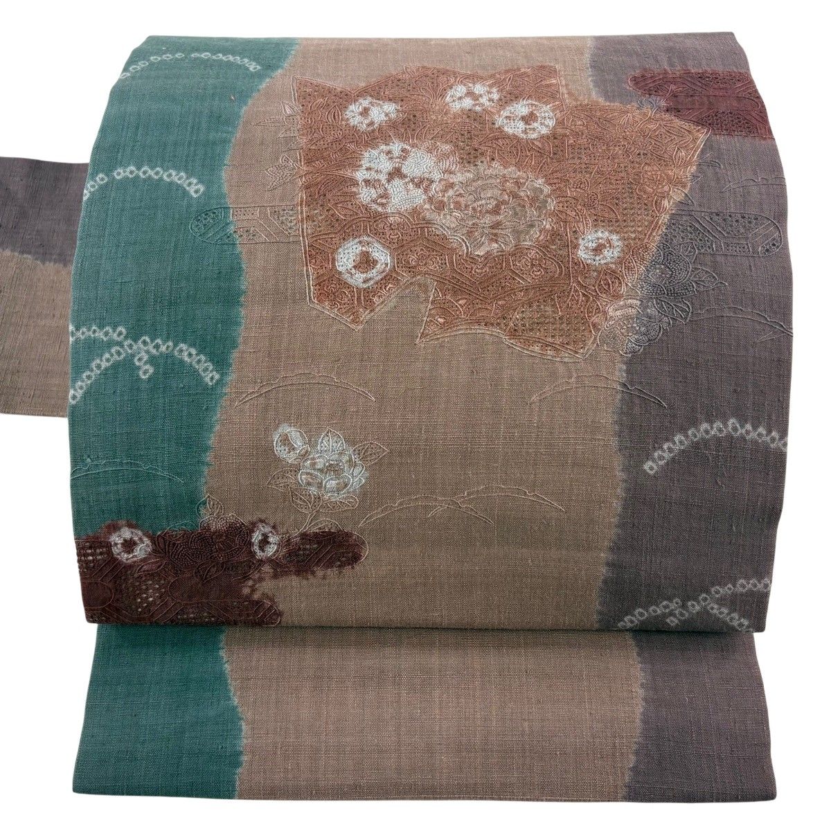 名古屋帯 秀品 紬地 草花 雪芝 刺繍 絞り 茶色 正絹 【中古】