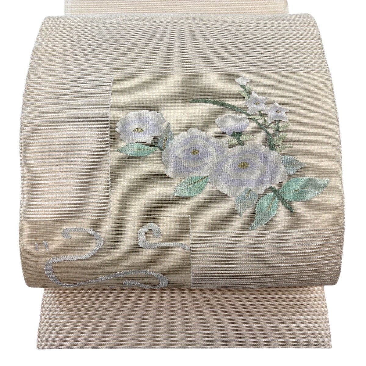 名古屋帯 秀品 夏帯 絽 八寸名古屋帯 松葉仕立て 草花 ベージュ 正絹 【中古】