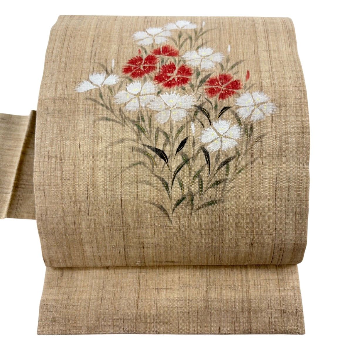 【美品】 名古屋帯 秀品 落款 紬地 撫子 金彩 ベージュ 麻 【中古】