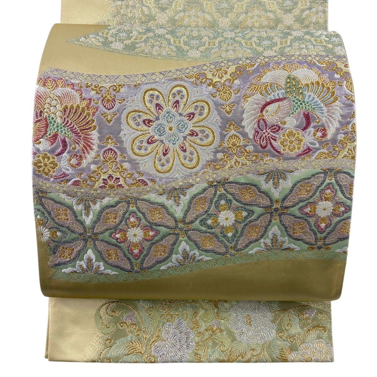 美品】 袋帯 秀品 華文 鳳凰 唐織 金糸 クリーム 六通 正絹 【中古