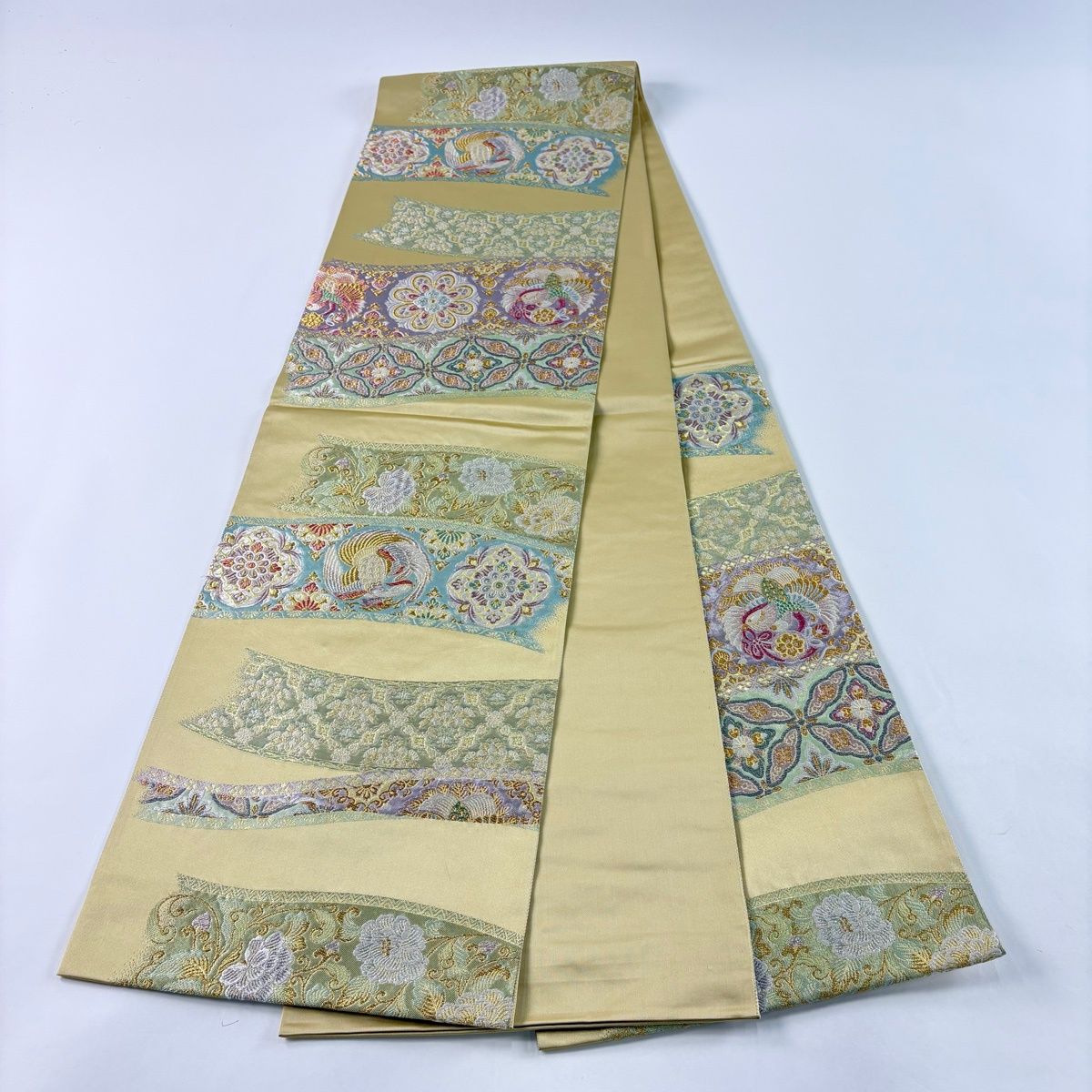 美品】 袋帯 秀品 華文 鳳凰 唐織 金糸 クリーム 六通 正絹 【中古