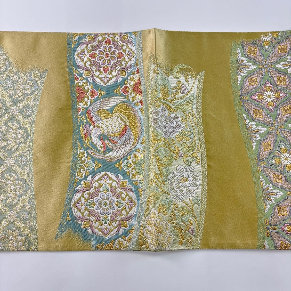 美品】 袋帯 秀品 華文 鳳凰 唐織 金糸 クリーム 六通 正絹 【中古