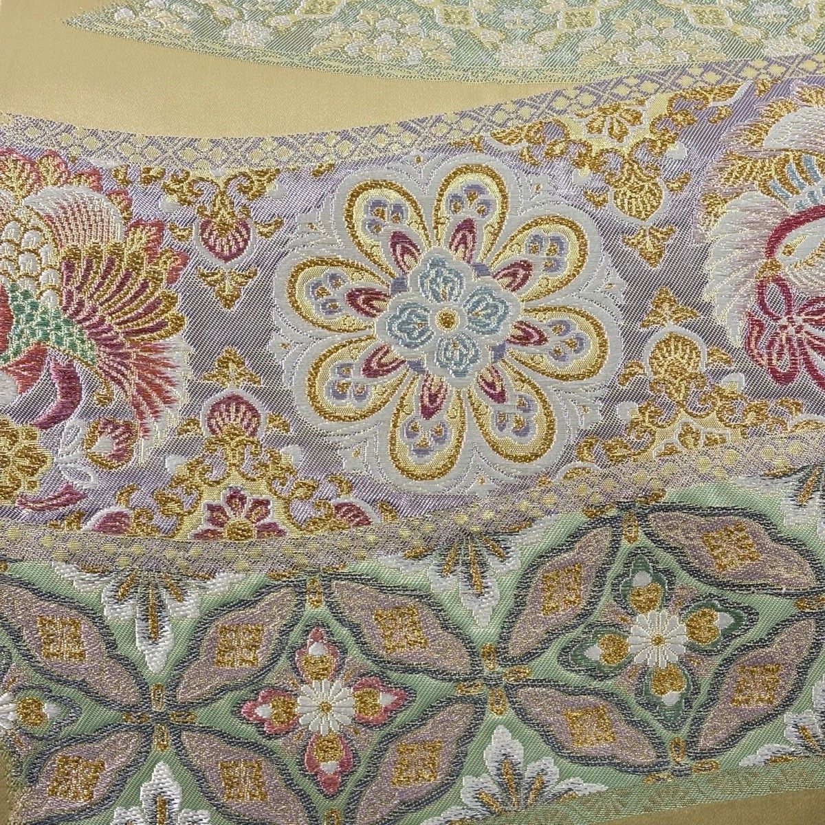 美品】 袋帯 秀品 華文 鳳凰 唐織 金糸 クリーム 六通 正絹 【中古