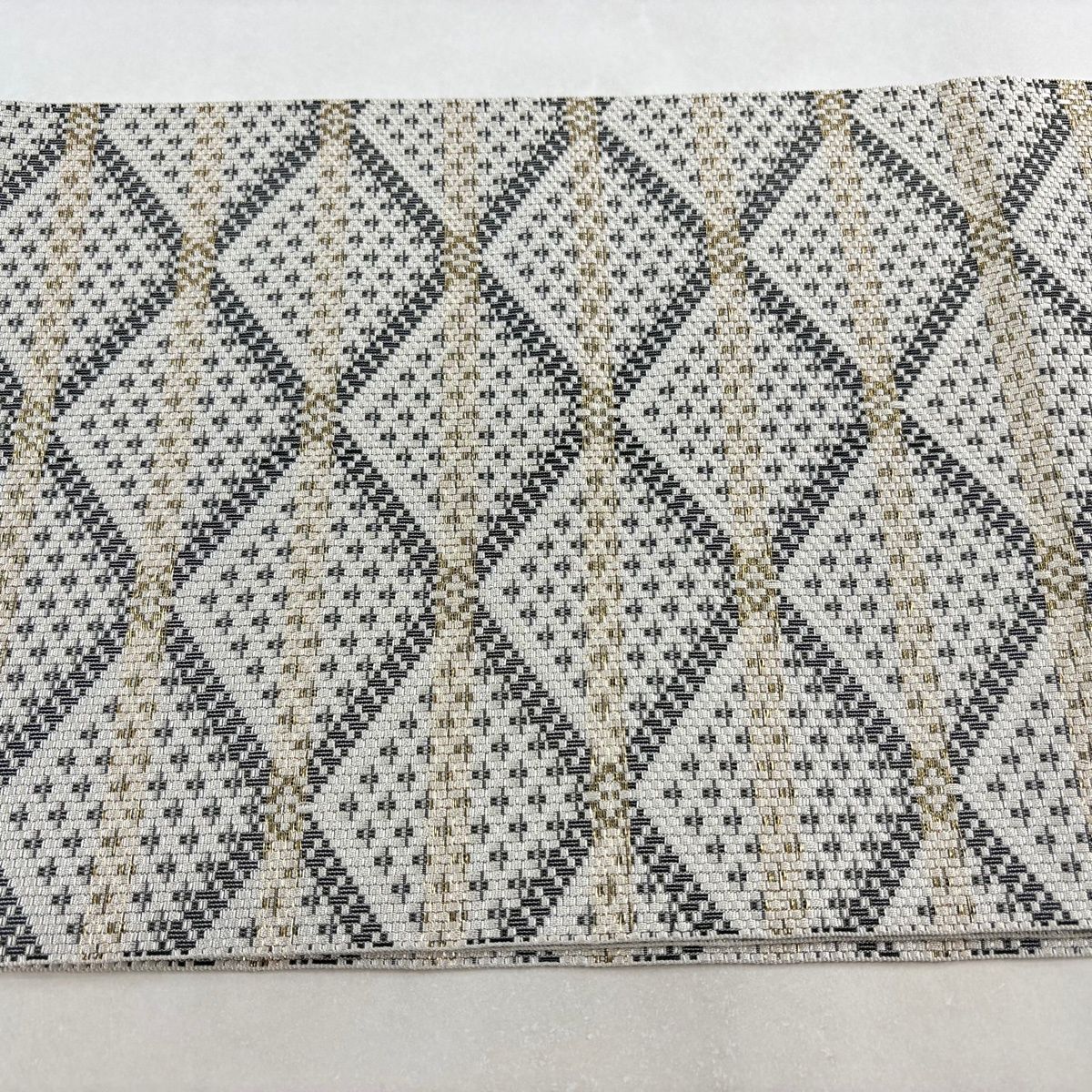 名古屋帯 秀品 八寸名古屋帯 菱格子 小花 箔 灰色 正絹 【中古】