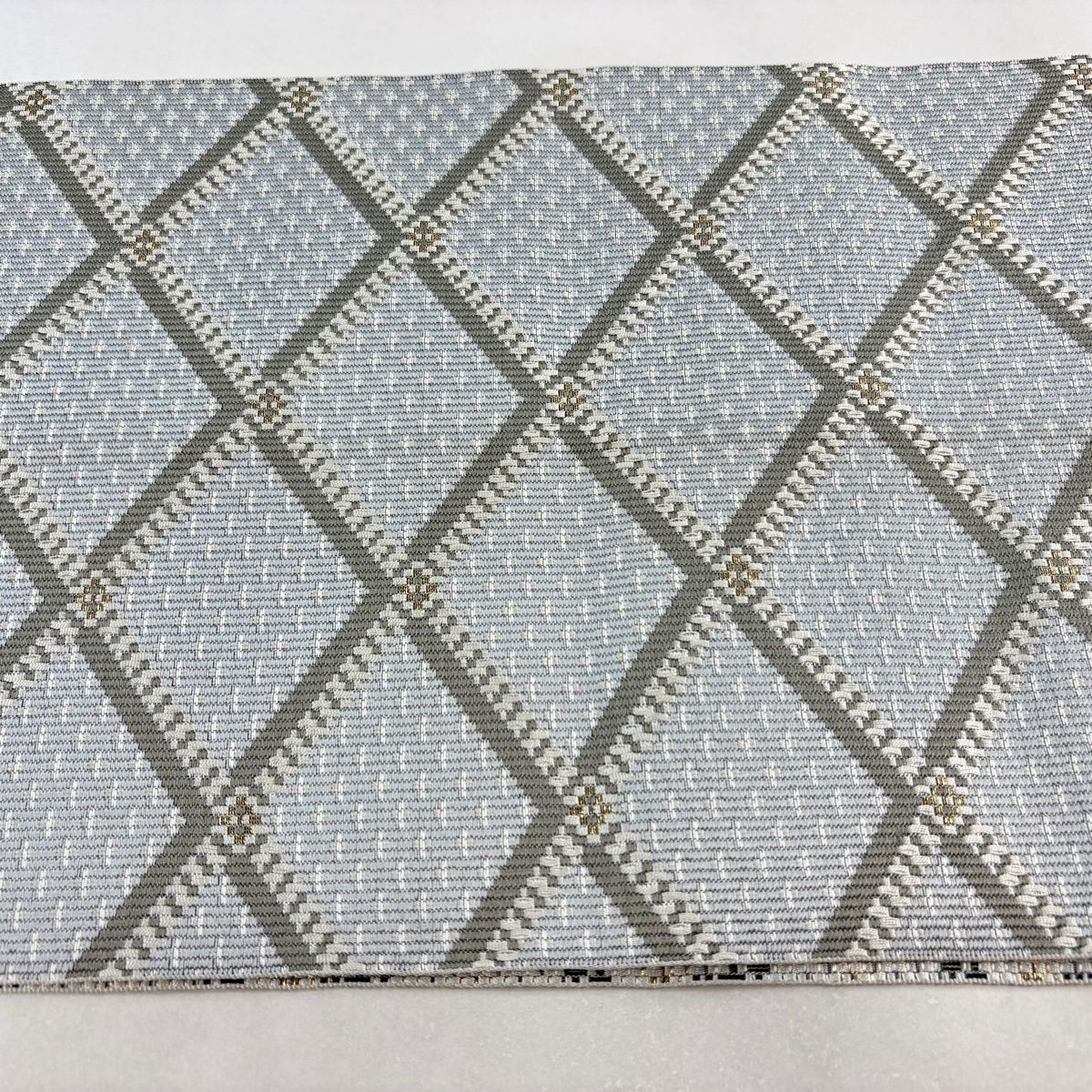 名古屋帯 秀品 八寸名古屋帯 菱格子 小花 箔 灰色 正絹 【中古】