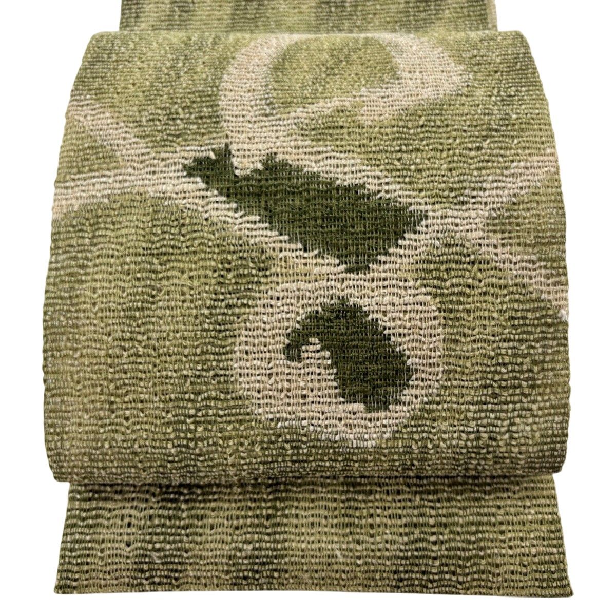 名古屋帯 秀品 松葉仕立て 八寸名古屋帯 夏帯 抽象柄 抹茶色 正絹 【中古】