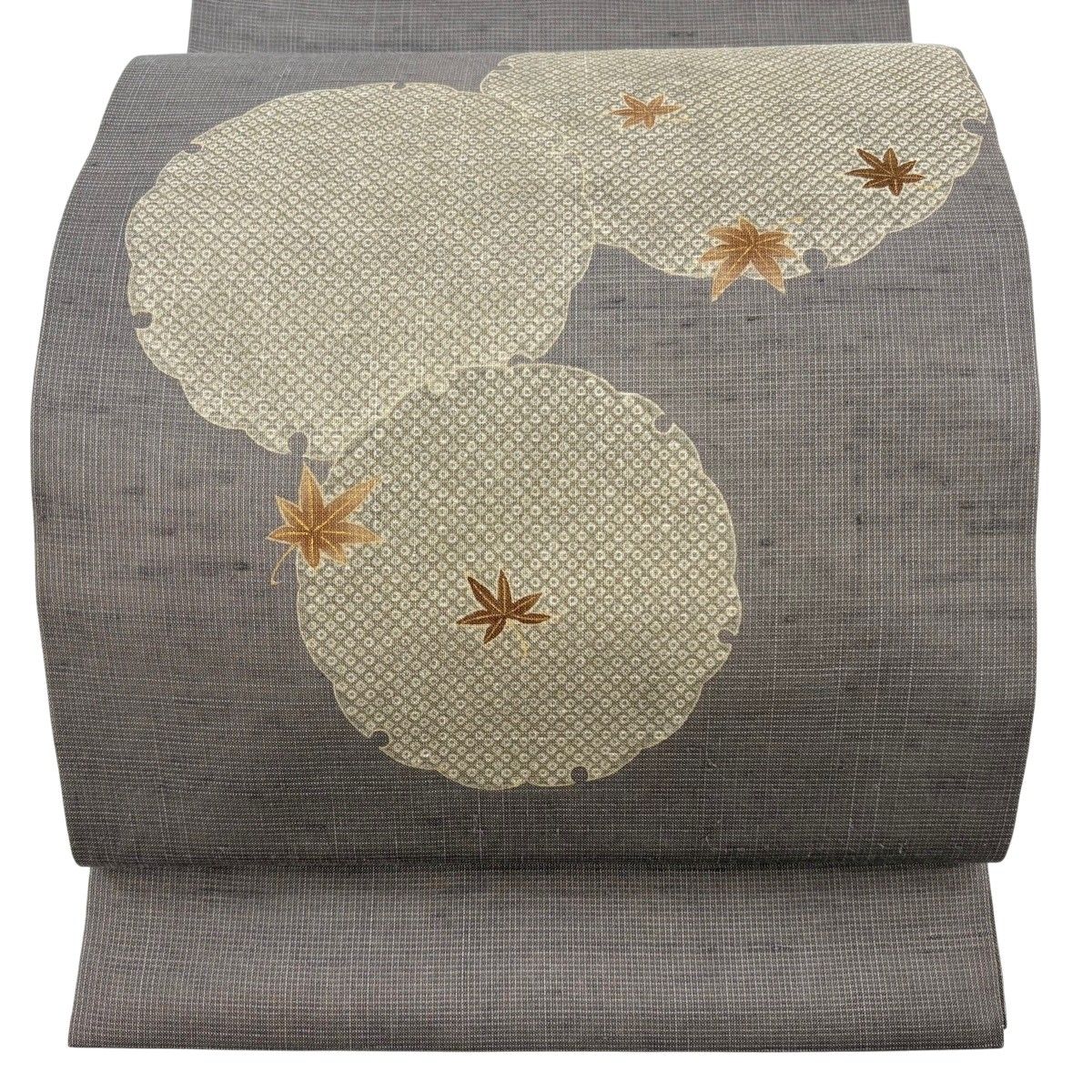 開き名古屋帯 秀品 紬地 夏帯 雪輪 紅葉 灰茶 正絹 【中古】