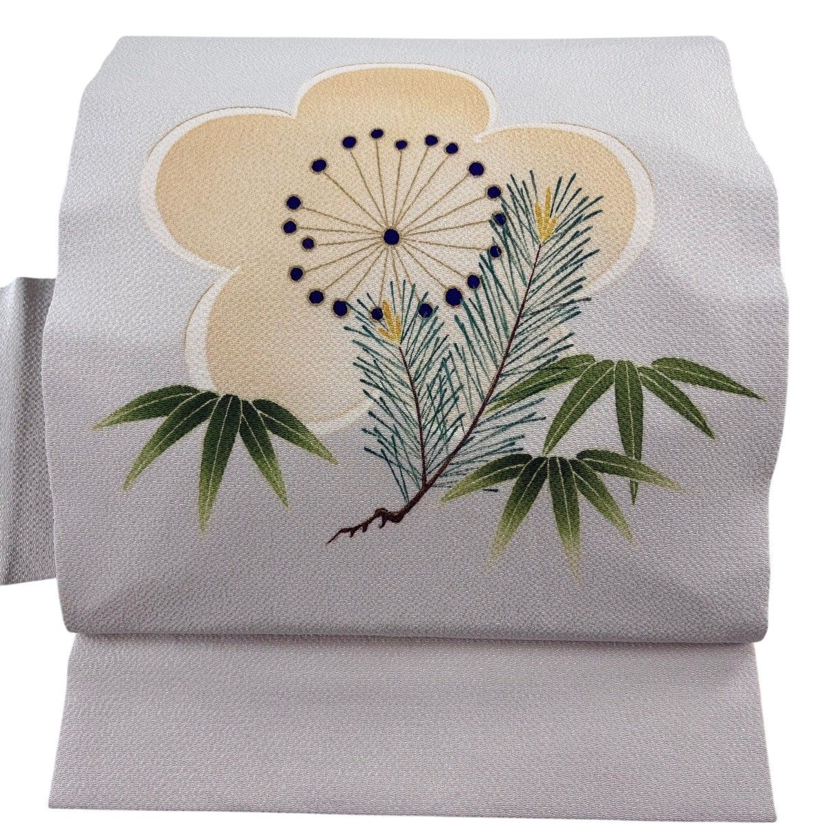名古屋帯 秀品 松竹梅 金彩 縮緬 灰白 正絹 【中古】