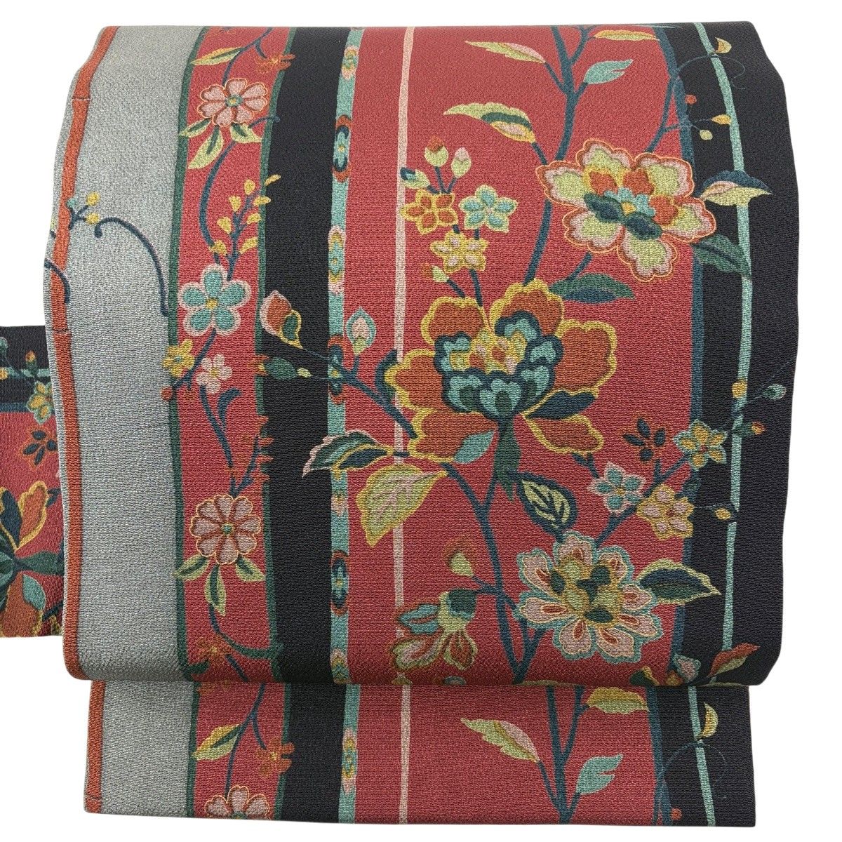 名古屋帯 秀品 草花 縞 金彩 縮緬 赤 正絹 【中古】