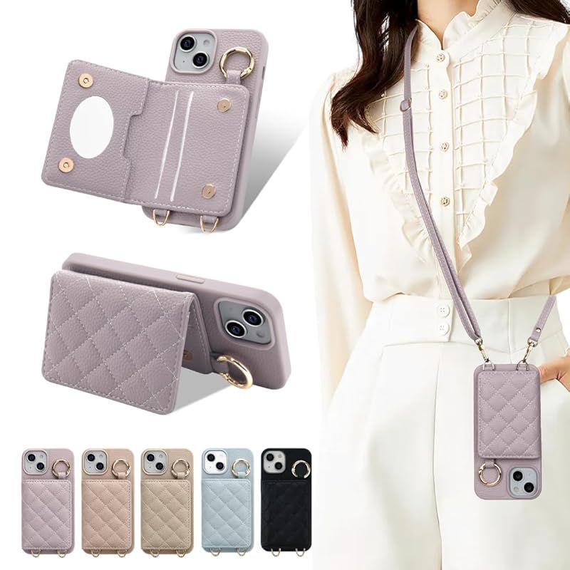 【新品】 スマホケース 12スマホショルダーストラップ 12PRO携帯ケース リング付き化粧鏡付き 軽量 スタンド機能い 首掛け 肩掛け 斜めがけ レディース スマホポーチ バッグ 現金入れ シンプル保護ケース 全面保護(パープル)