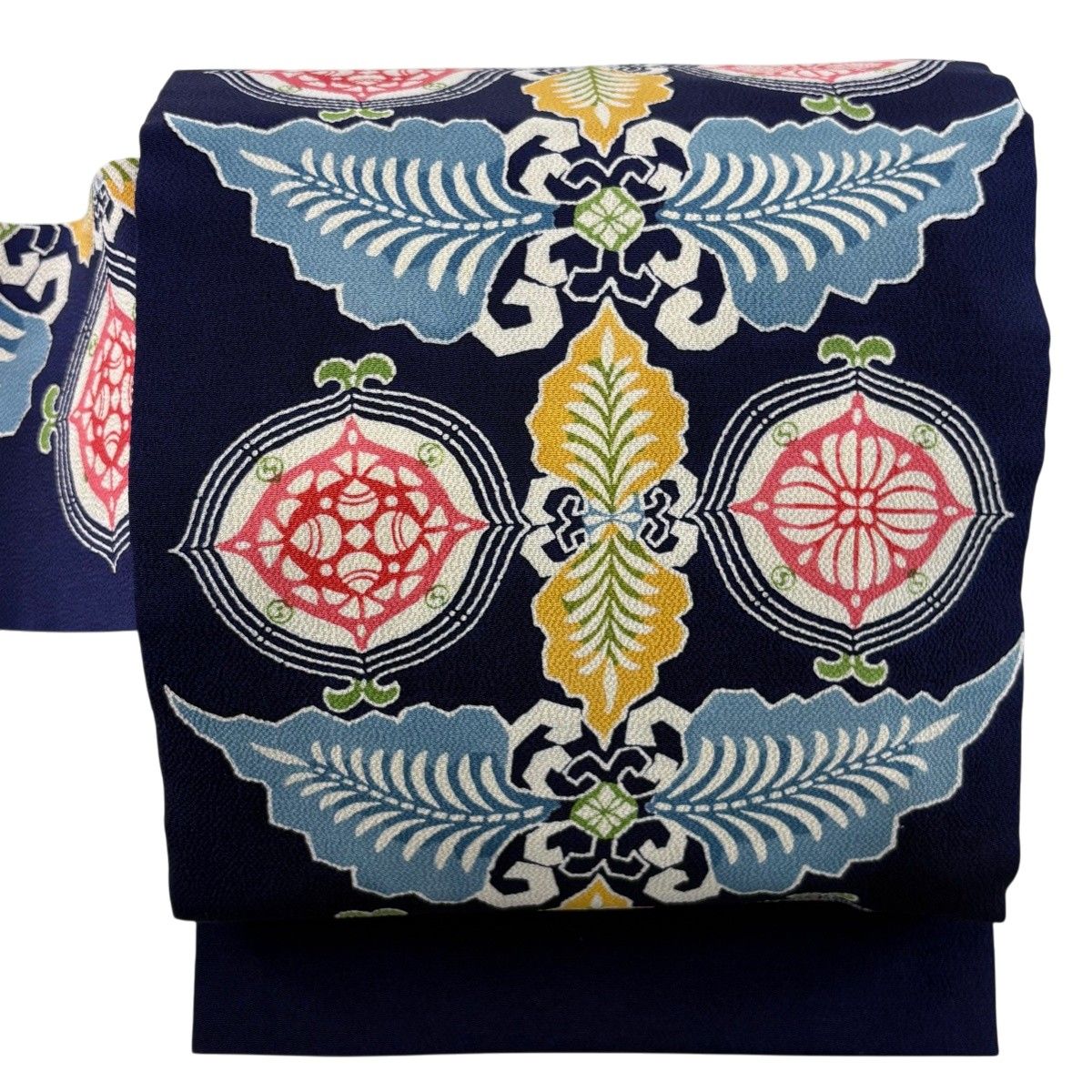 名古屋帯 秀品 花 葉柄 縮緬 濃紺 正絹 【中古】