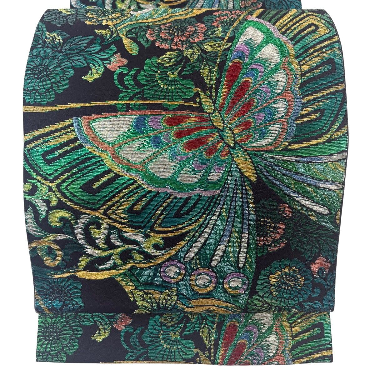 袋帯 秀品 饗宴短冊文 花鳥 蝶 刺繍 金糸 灰緑 六通 正絹 中古