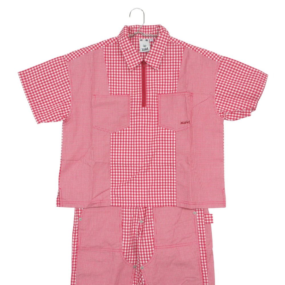 X-girl エックスガール セットアップ ブロックチェック柄 半袖 シャツ ロングパンツ レッド 2【M】 レディース 【中古】