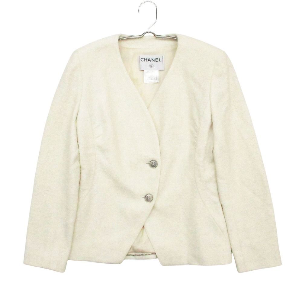 00s CHANEL シャネル ツイード ノーカラージャケット ブレザー フランス製 00T P15180V08559 ホワイト系 36【S】 レディース 【中古】