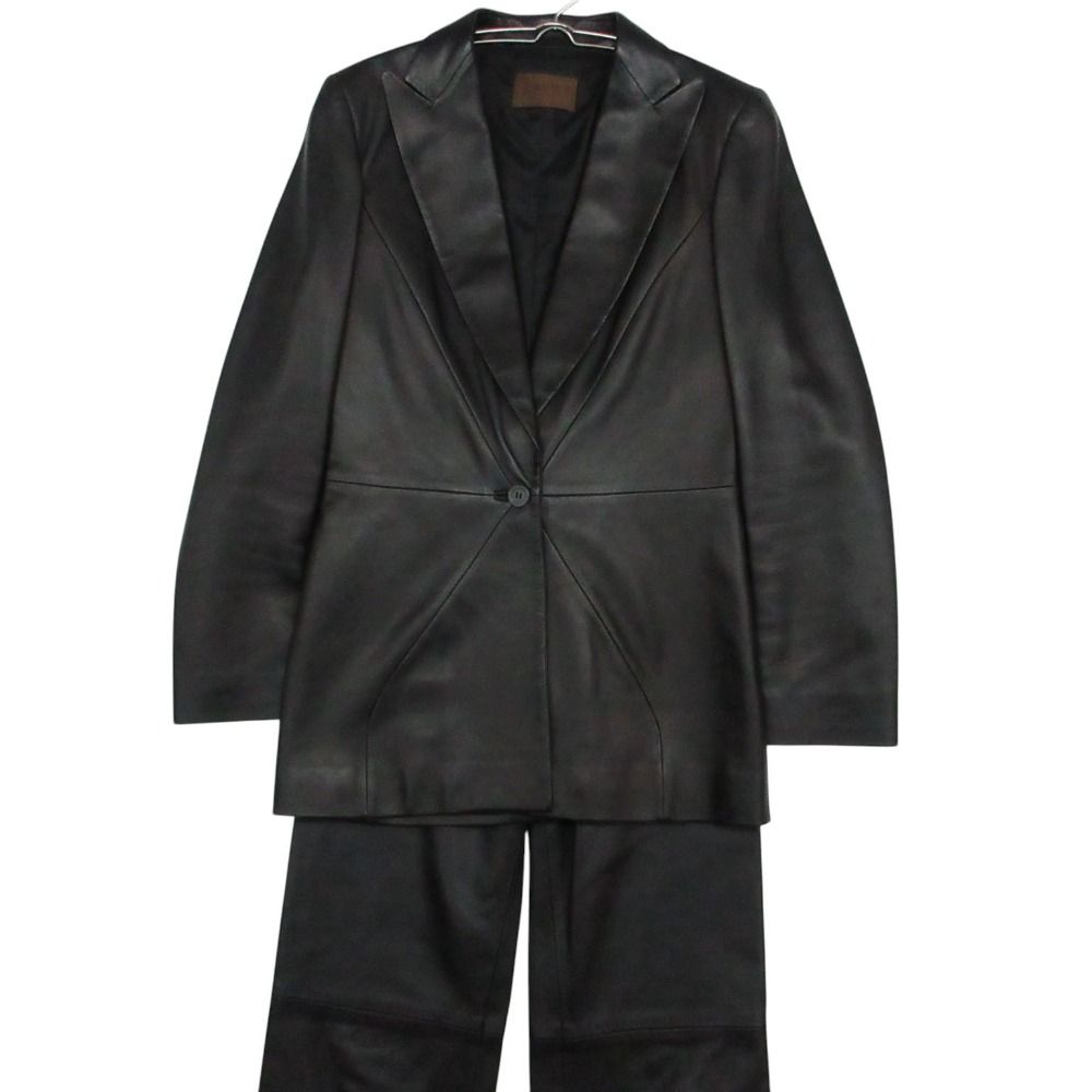 美品 LOEWE ロエベ スペイン製 セットアップ ナッパレザー ジャケット パンツ ピークドラペル 1B テーラード ブラック 38 レディース 【中古】