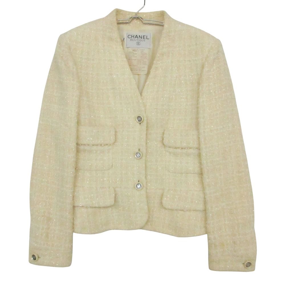 90s Vintage CHANEL シャネル ツイード ノーカラージャケット ブレザー CC ココマーク ミラーボタン 4つポケット 95C フランス製 ベージュ 38 レディース 【中古】