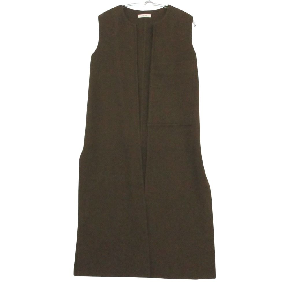美品 CELINE セリーヌ by Phoebe Philo フィービー期 カシミヤ100％ ロング ベスト カーディガン コーディガン コート ノースリーブ カーキ 34 レディース 【中古】
