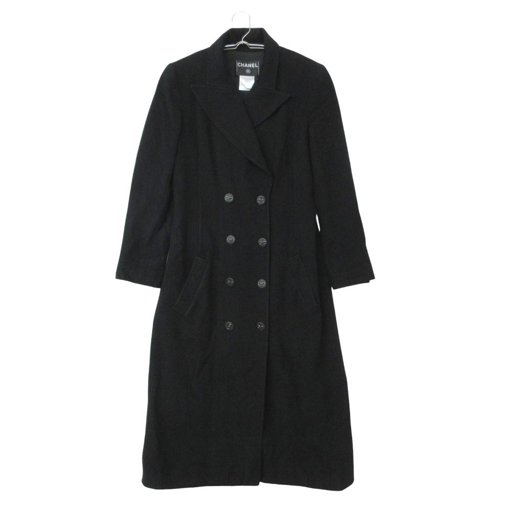 02A CHANEL シャネル コート カシミヤ100% ダブルブレスト ロングコート アウター ひざ下丈 ブラック 36【S】 レディース 【中古】