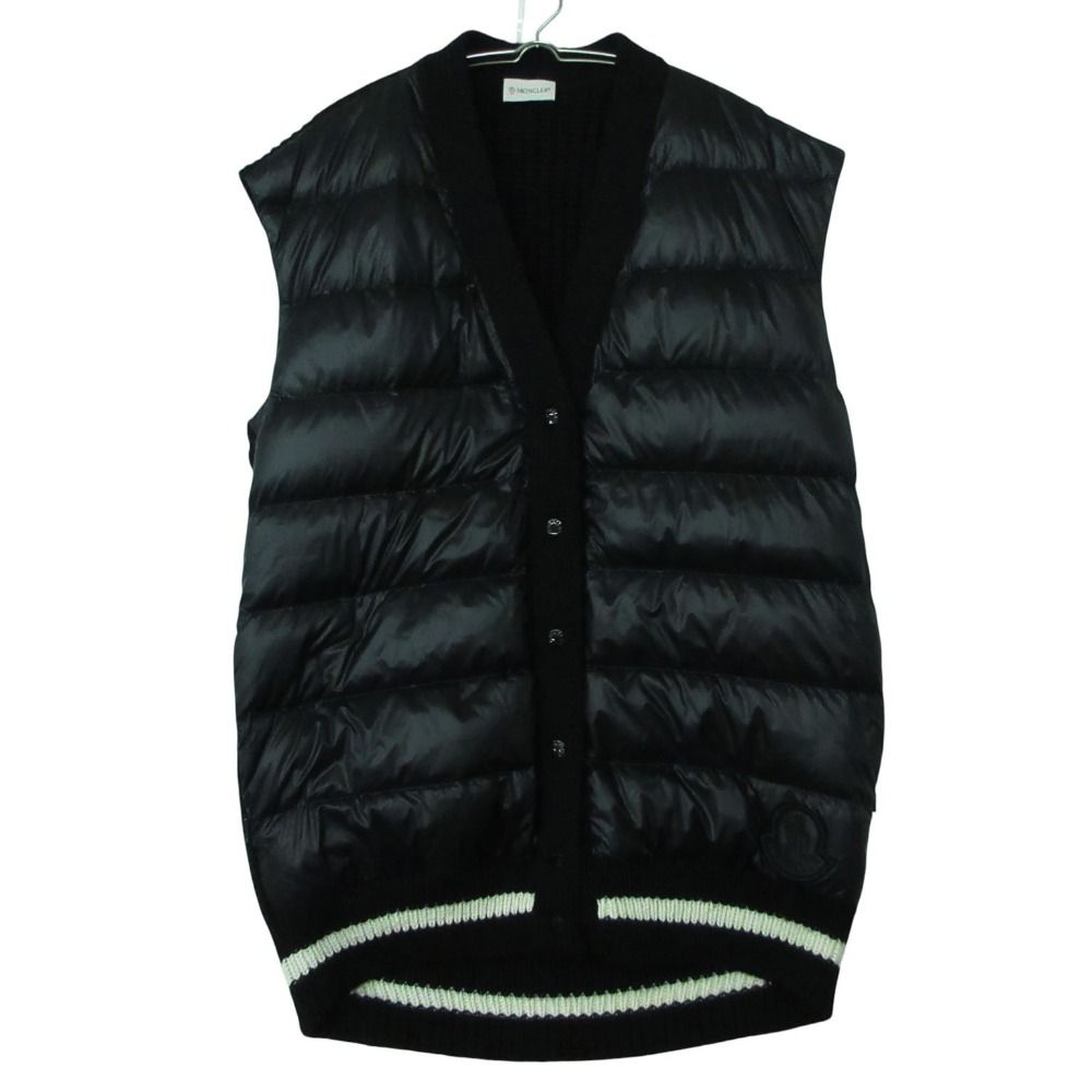 美品 23aw MONCLER モンクレール GILET ダウンベスト ロング丈 ジャケット ブルゾン ノースリーブ ニット切替 ウール ロゴ刺繍 ワッペン ブラック M レディース 【中古】