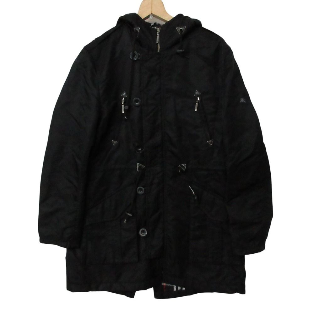BURBERRY BLACK LABEL バーバリーブラックレーベル モッズコート フーデット ナイロン ジャケット ブルゾン ノバチェック柄 ホース刺繍 アウター ブラック M メンズ 【中古】
