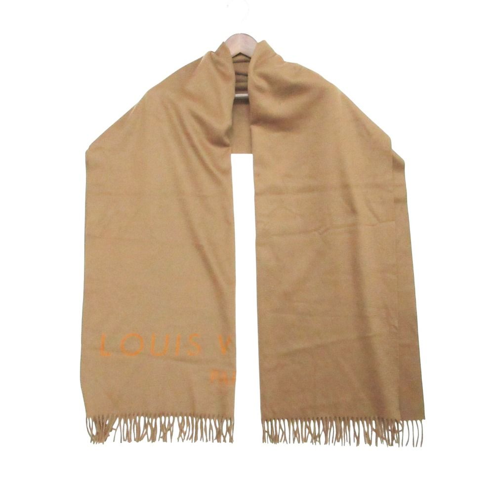 LOUIS VUITTON ルイ・ヴィトン マフラー カシミヤ100％ ショール 大判 ストール フリンジ ロゴ キャメル メンズ レディース 【中古】
