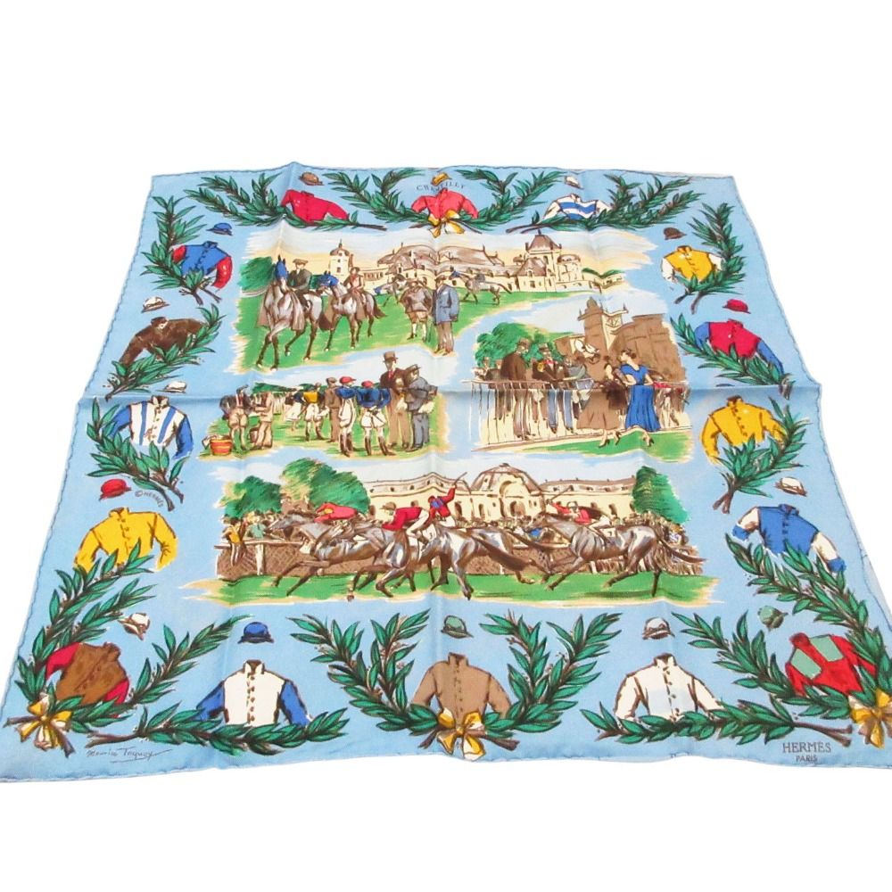 HERMES エルメス スカーフ カレ40 プチカレ CHANTILLY 競技場 シルク100％ ブルー メンズ レディース 【中古】
