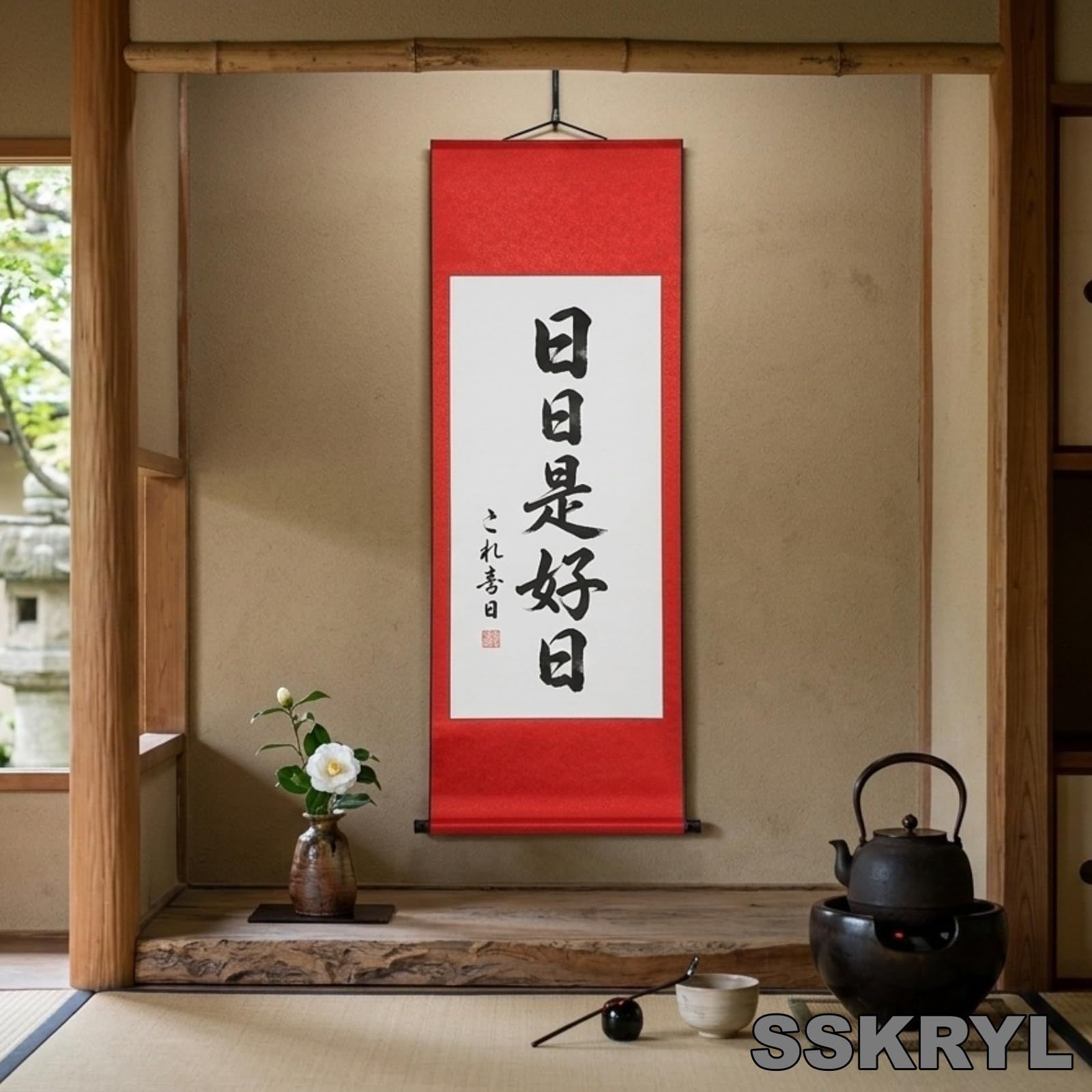 [SSKRYL] 掛け軸 白抜 半切 2本 セット 書道 写経 日本画 練習 創作 展示 表装済 無地 掛軸 白紙 裂地 (6色) (赤色) [赤色]