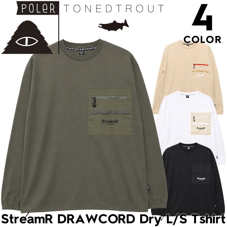 POLeR ポーラー ロンT メンズ 長袖Tシャツ ドライTシャツ UVカット 吸湿速乾 水陸両用 TONEDTROUT コラボ StreamR DRAWCORD Dry L/S Tshirt 261MCV0136 26SP 日本代理店正規品