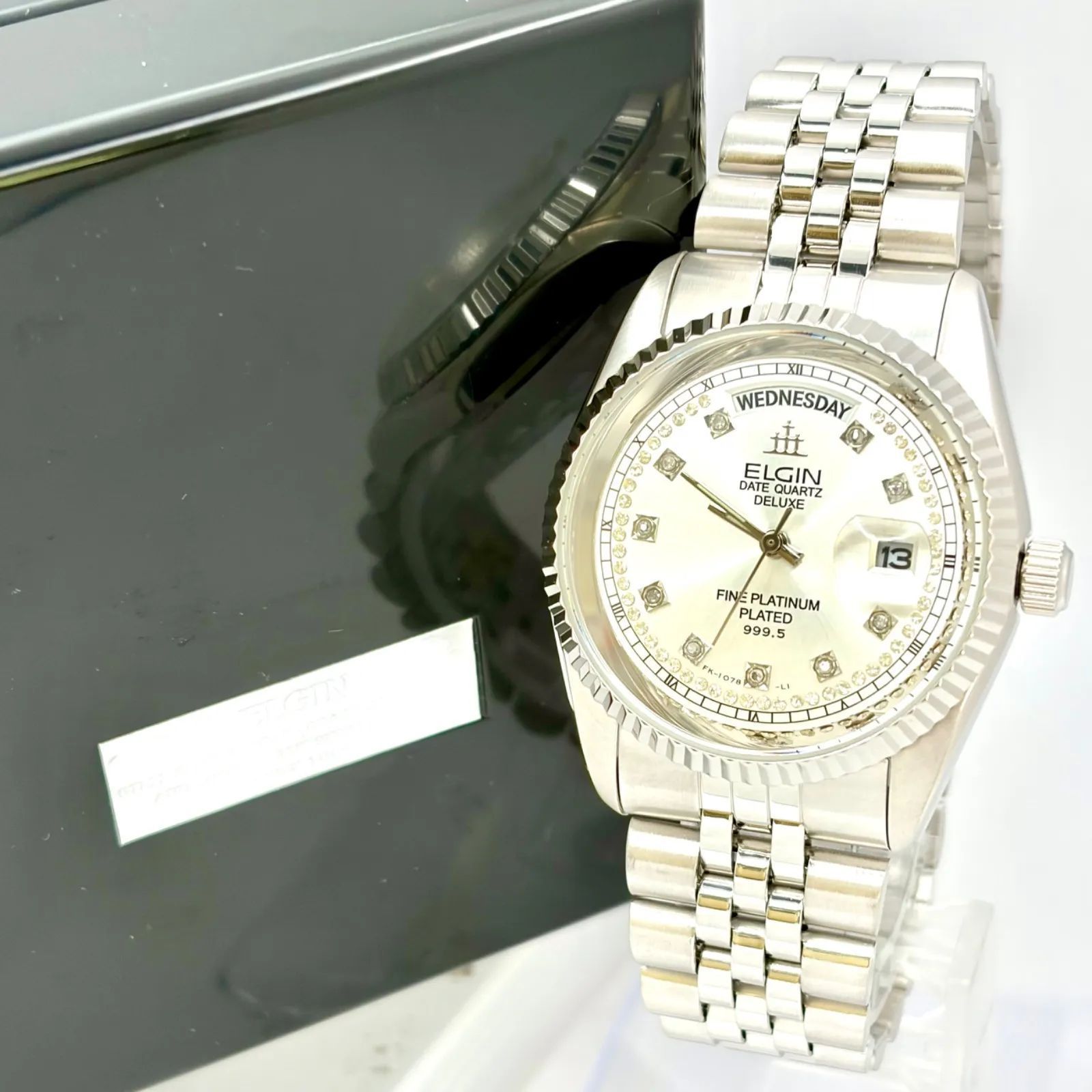 未使用/新品電池】ELGIN エルジン デイトクォーツ プラチナ 999.5 