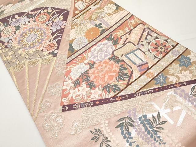 平和屋本店▽六通柄袋帯 唐織 御所車扇面花文 本金箔二重織 正絹 逸品