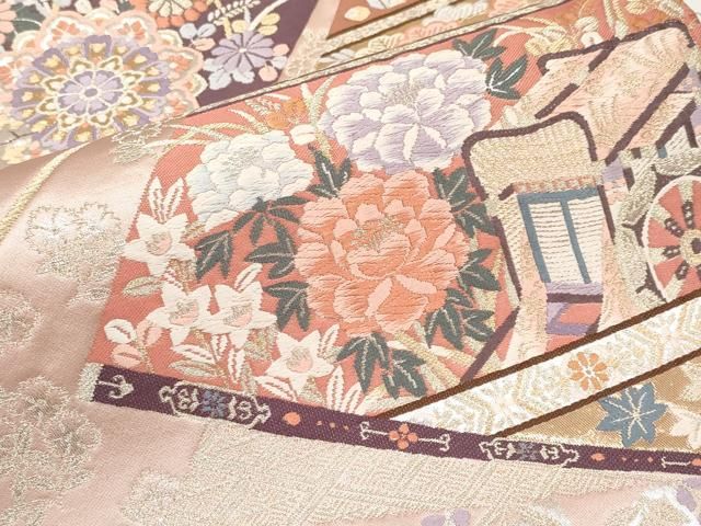 SO-472 袋帯 六通 正絹 扇 御所車 華 観世水 金糸 高級 逸品 平和屋本店▽六通柄袋帯 唐織 御所車扇面花文 本金箔二重織 正絹 逸品