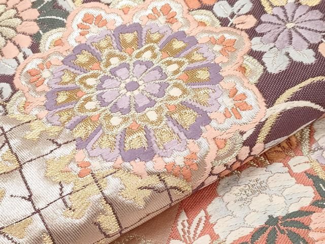 平和屋本店▽六通柄袋帯 唐織 御所車扇面花文 本金箔二重織 正絹 逸品
