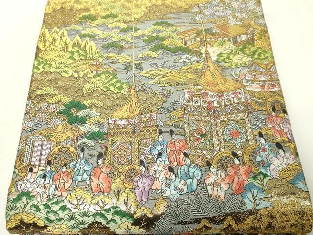 平和屋本店▼西陣　廣部商事謹製　全通柄袋帯　京洛祇園祭還幸絵巻　弐捨四金箔使用　正絹　逸品　DABG9528sf