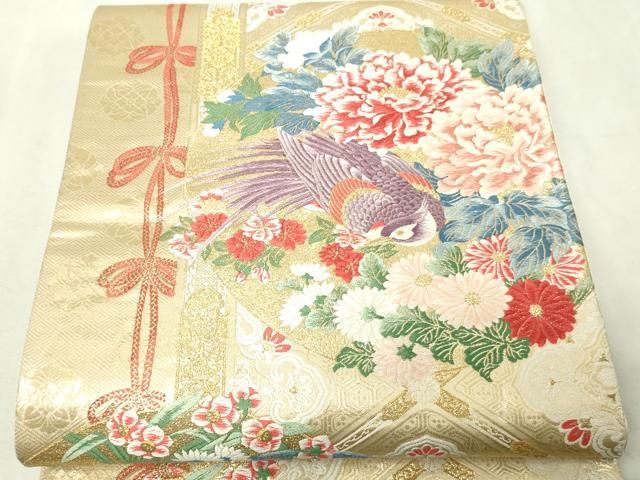 平和屋本店▼六通柄袋帯　唐織　花鳥舞華文　本金箔九百錦　正絹　逸品　DABG9531sf