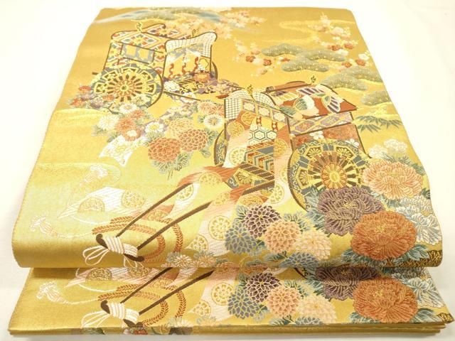 平和屋本店▼六通柄袋帯　唐織　御所車草花文　本金引箔　正絹　逸品　DABG5182fe