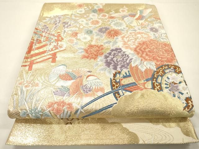 平和屋本店▼六通柄袋帯　唐織　九百錦　花車花鳥文　本金箔　正絹　逸品　DABG5184fe
