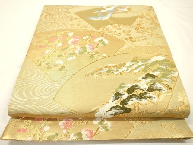 平和屋本店▼六通柄袋帯　地紙飛鶴梅松文　純金　二重箔　正絹　逸品　DABG5189fe