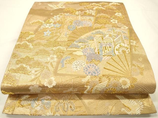 平和屋本店▼六通柄袋帯　扇面御所車　純金箔二重織　正絹　逸品　DABG5197fe