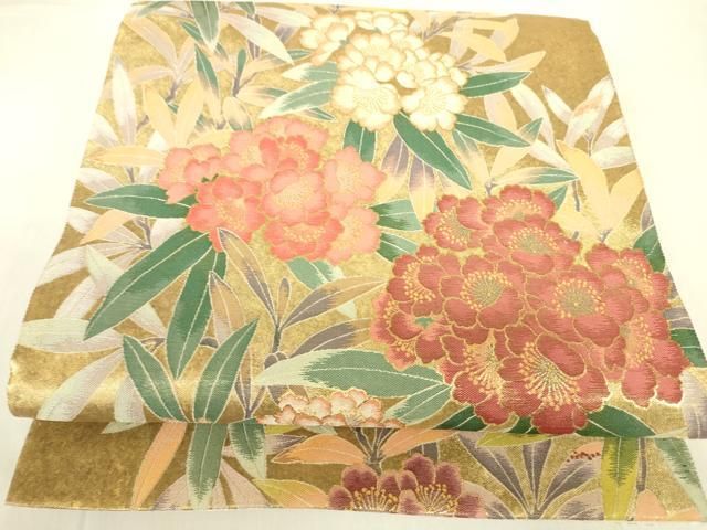 平和屋本店▼太鼓柄袋帯　作家物　草花　本金箔　反端付き　正絹　逸品　DABF3982op
