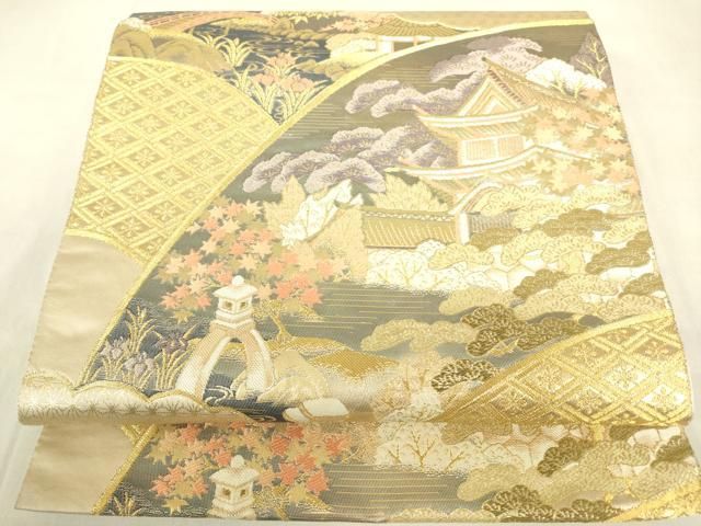 平和屋本店▼六通柄袋帯　唐織　加賀名園　純金二重箔　正絹　逸品　DABF3983op