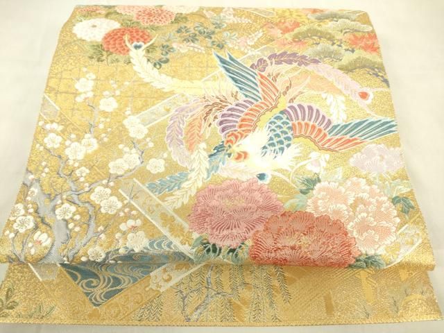 平和屋本店▼六通柄袋帯　唐織　天井四季鳳凰文　本金箔　正絹　逸品　DABF3984op