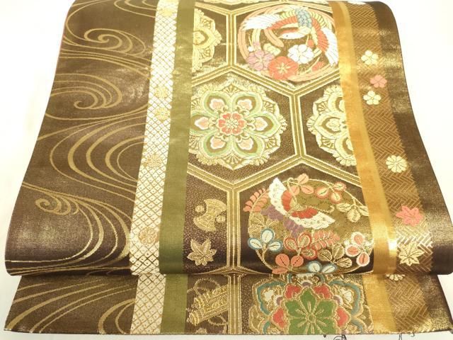 平和屋本店▽六通柄袋帯 唐織 舞蝶鳳凰亀甲花文 本金箔 正絹 逸品