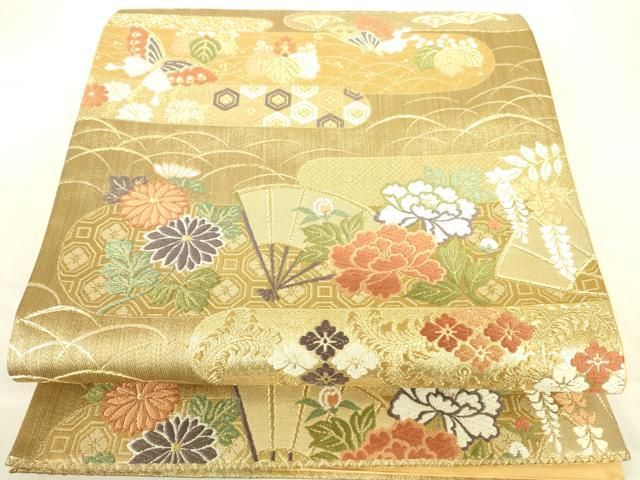 平和屋本店▼六通柄袋帯　唐織　舞蝶扇面花文　24K本金箔　正絹　逸品　DABF3991op