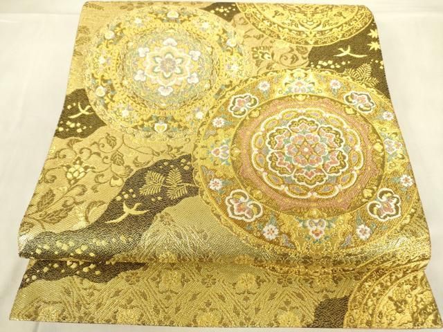 平和屋本店▼六通柄袋帯　唐織　作家物　花絵皿文　本金箔　正絹　逸品　DABF3992op