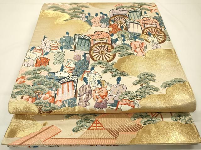 平和屋本店▼六通柄袋帯　唐織　御所車人物文　本金箔　正絹　逸品　DABG5215fe 8,322円
